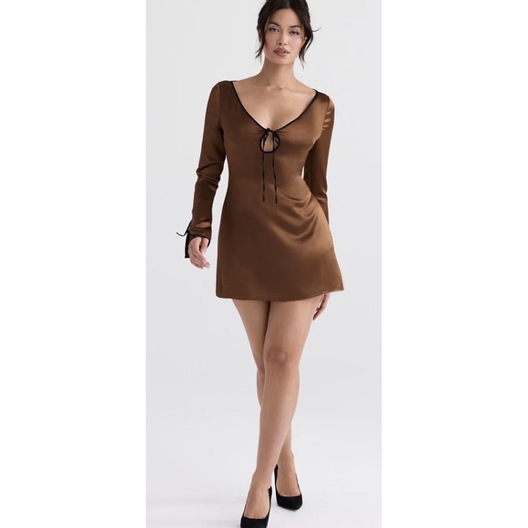 House of CB Sakina Copper Satin Mini Dress Size Medium Long Sleeve V-Neck - Picture 1 of 10